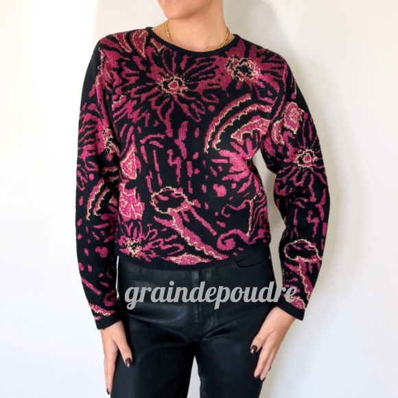 Rare! Vintage 80s Christian Dior Paisley Floral Intarsia Metallic Knit Sweater S - Picture 1 of 5